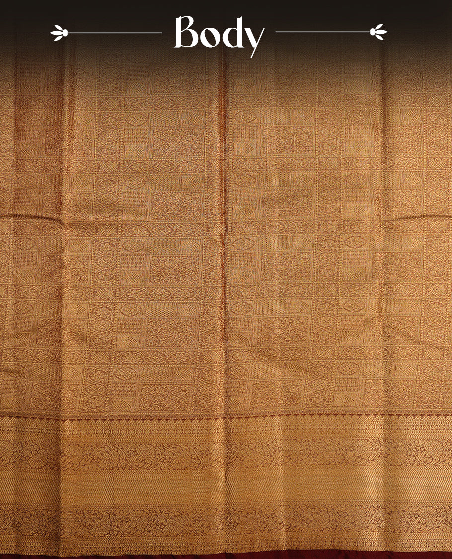 Gold colour semi tissue silk saree featuring gold zari pattern on body, contrast Maroon colour with gold zari traditional border, paired with matching blouse piece.