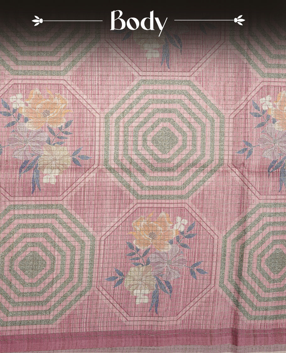 Pink colour semi tussar silk saree, featuring subtle hexagonal geometric patterns across the body, a textured pallu with fine detailing, and finished with a matching blouse.