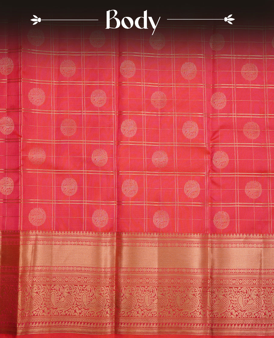 Brick red colour traditional kancheepuram silk saree featuring gold zari check pattern on body, complemented by self colour with gold zari traditional border, paired with matching blouse piece.