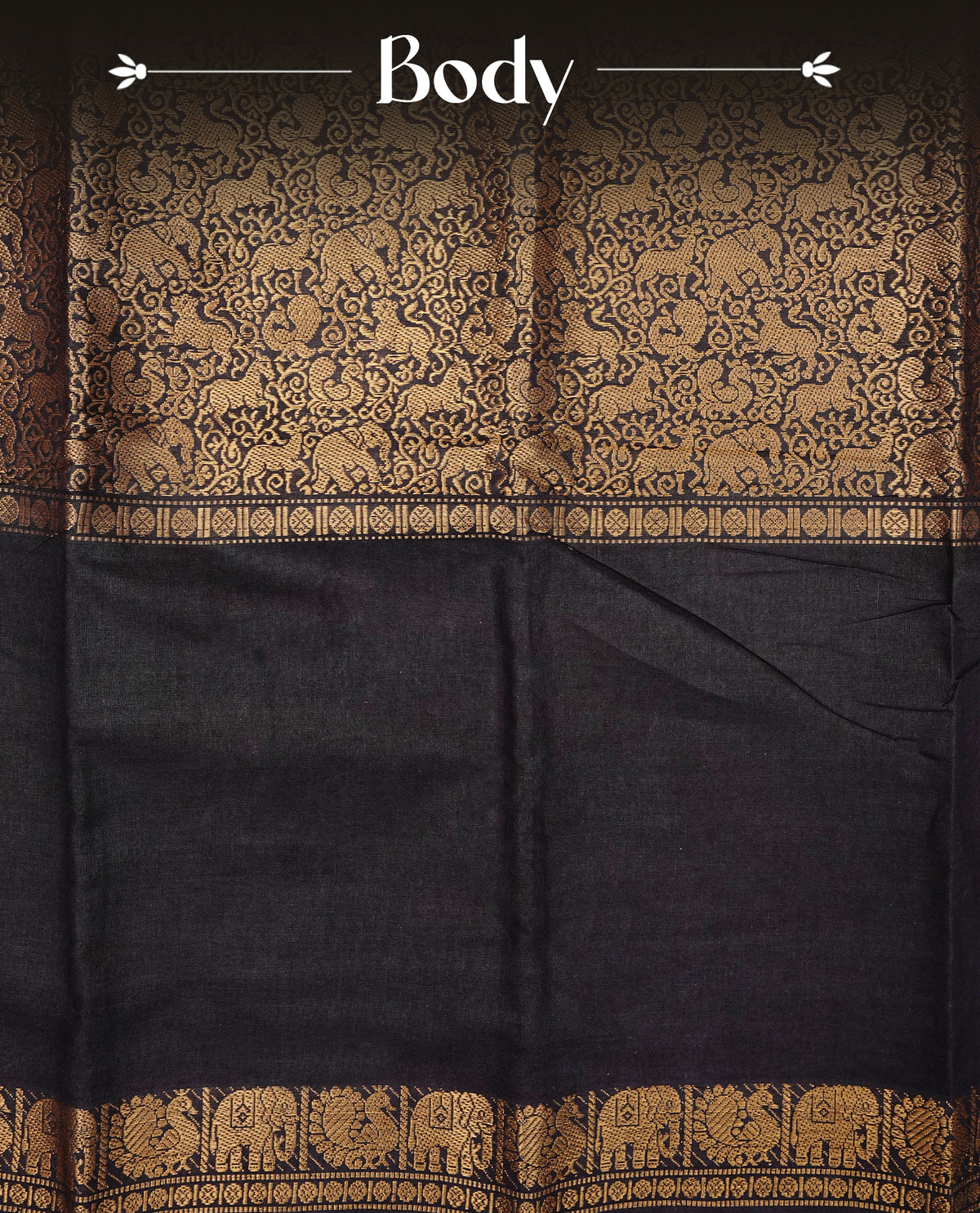 Chococate Brown Colour Sungudi Cotton Saree with gold zari elephant & Peacock motifs on the body, a self zari border, and a rich gold zari pallu. Paired with a Contrast coffee brown colour blouse piece.