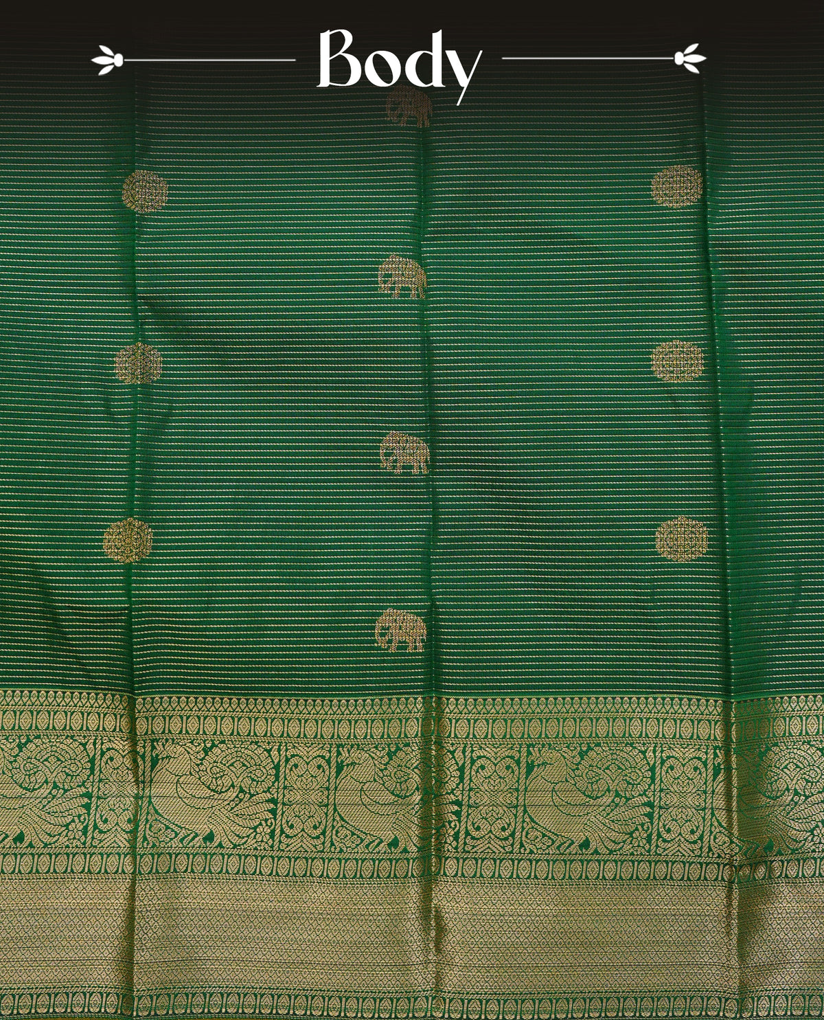 Bottle green colour soft silk saree featuring gold zari lines with elephant motifs on body, contrast Mustard yellow colour gold zari peacock motifs on border, grand pallu comes with matching blouse piece.