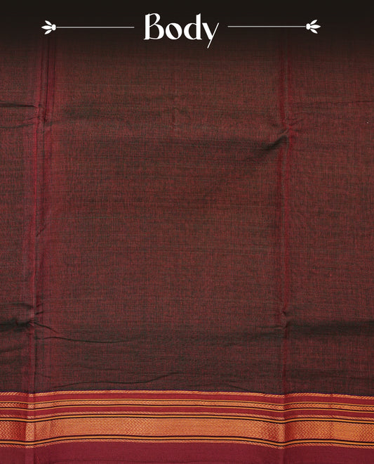 Green & Brown dual shade Narayanapattu cotton saree with a plain body, complemented by a maroon Colour with border with elegant gold zari detailing and a contrast striped pallu, paired with a matching blouse piece.