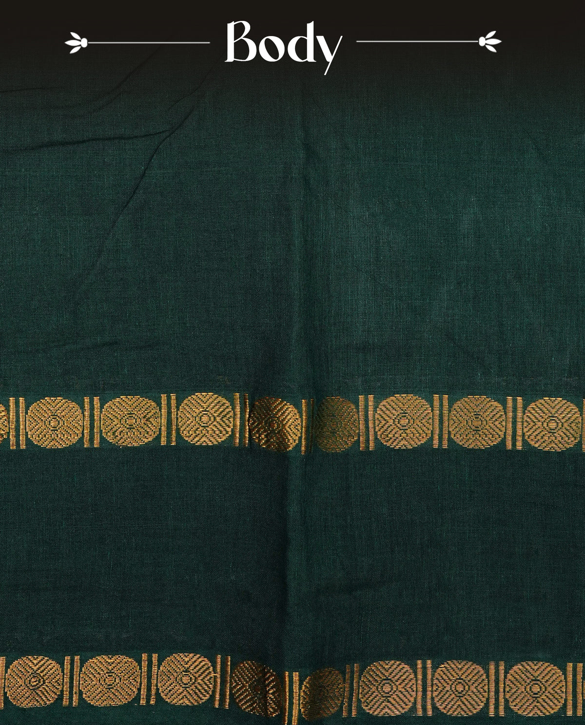 Bottle Green Colour  Sungudi Cotton Saree with gold zari motifs on the body, a matching gold zari border, and a plain pallu. Paired with a contrast Red colour  blouse piece  featuring a gold zari peacock border.