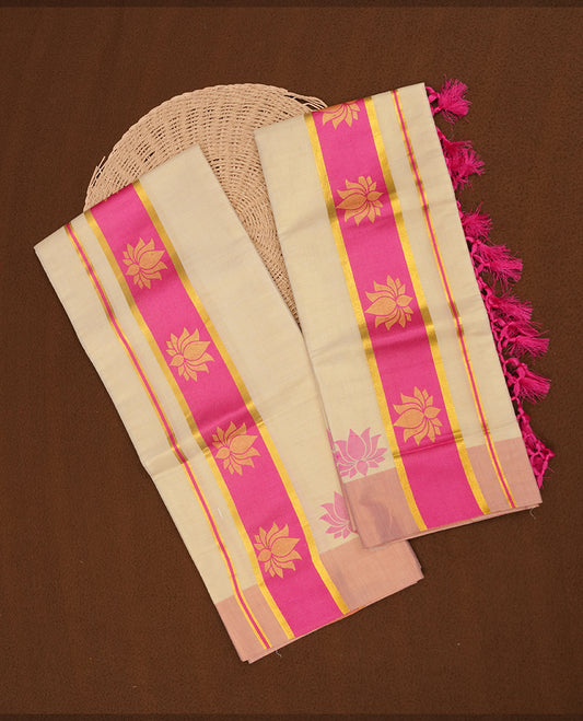 Light gold colour tissue set mundu highlights gold and pink zari border featuring gold lotus motifs across border (2.00/2.80 MTS). (Copy)