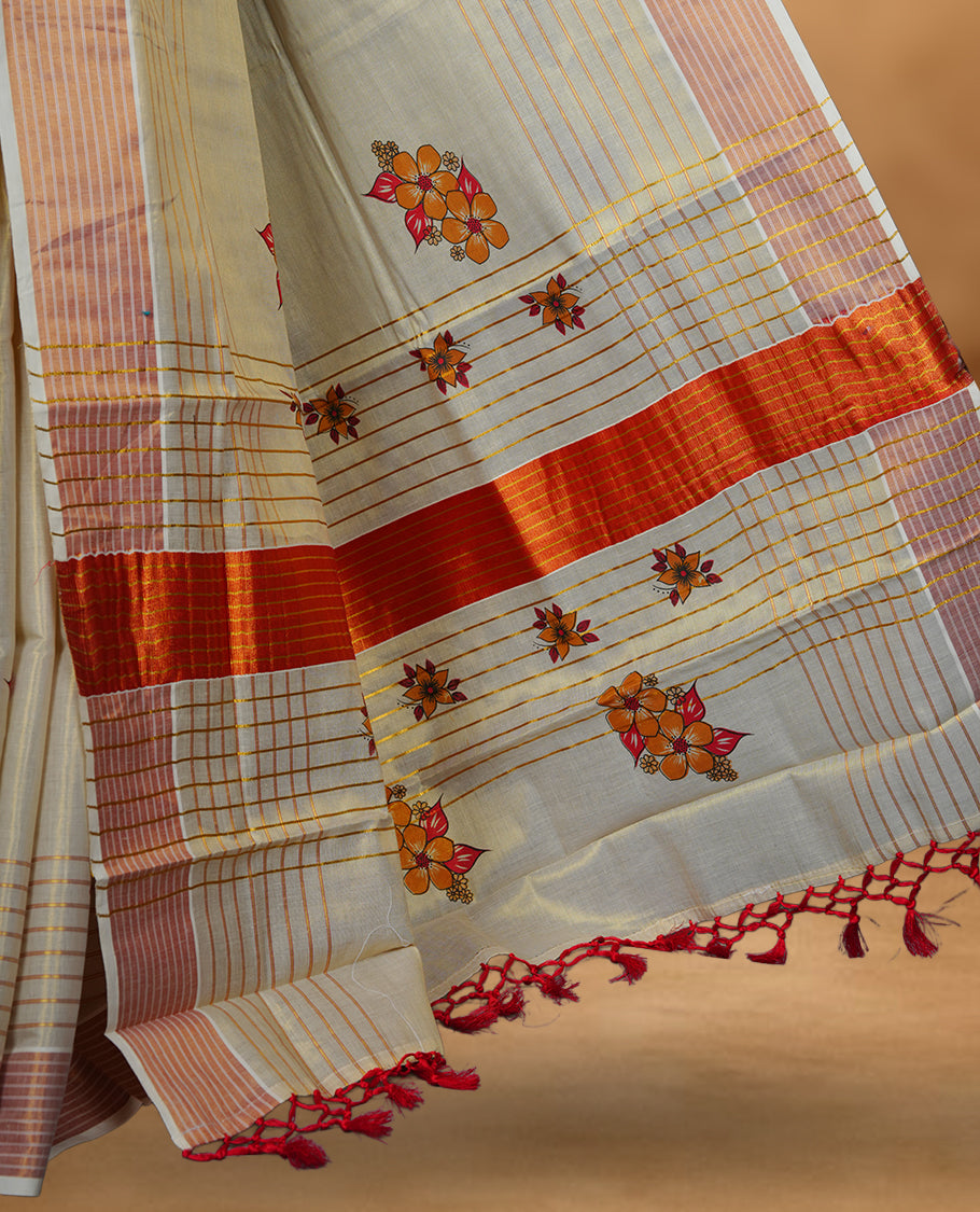 Light gold colour Tissue Kerala saree featuring a Plain body, an intricately woven gold and orange traditional border with floral print and stripes on pallu, paired with a matching blouse.