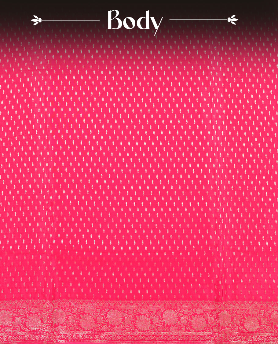 Rani pink colour banaras satin crepe saree fearturing gold tiny leaf motifs on body, kodi visiri pattern on border & pallu and paired with matching blouse