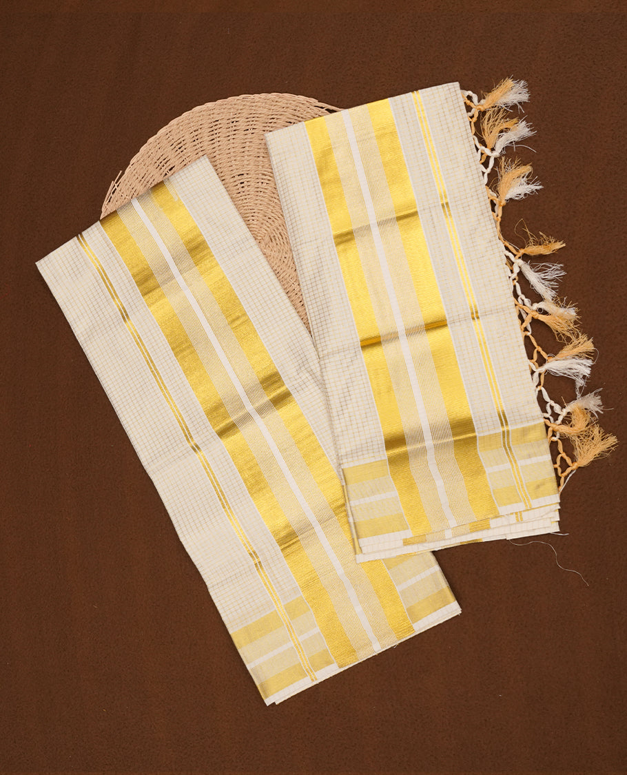 Off white colour cotton set mundu featuring gold zari check pattern across body,  highlights gold zari border (2.00/2.80 MTS).