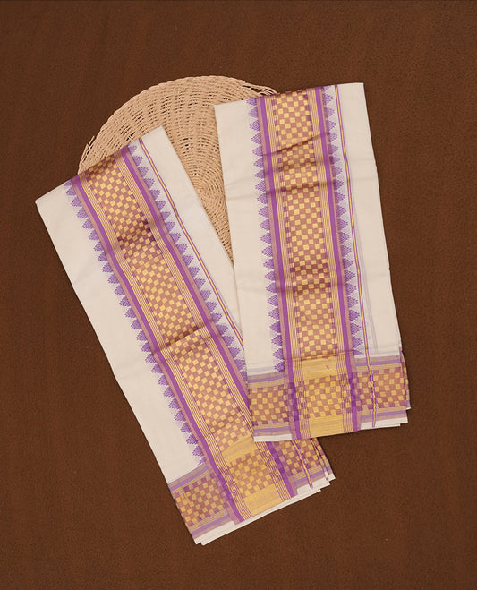 Off white colour cotton set mundu highlights gold and brown box zari border featuring purple colour block print across border. (2.00/2.80 MTS).