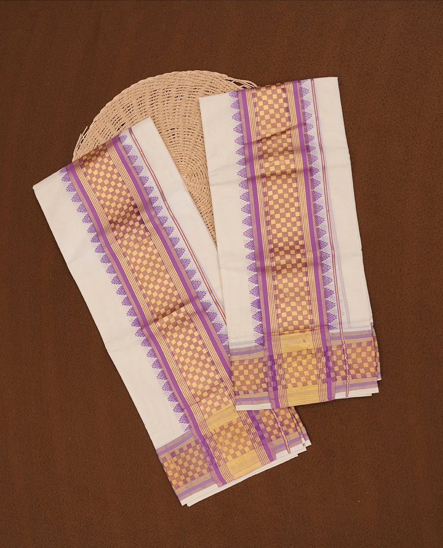 Off white colour cotton set mundu highlights gold and brown box zari border featuring purple colour block print across border. (2.00/2.80 MTS).