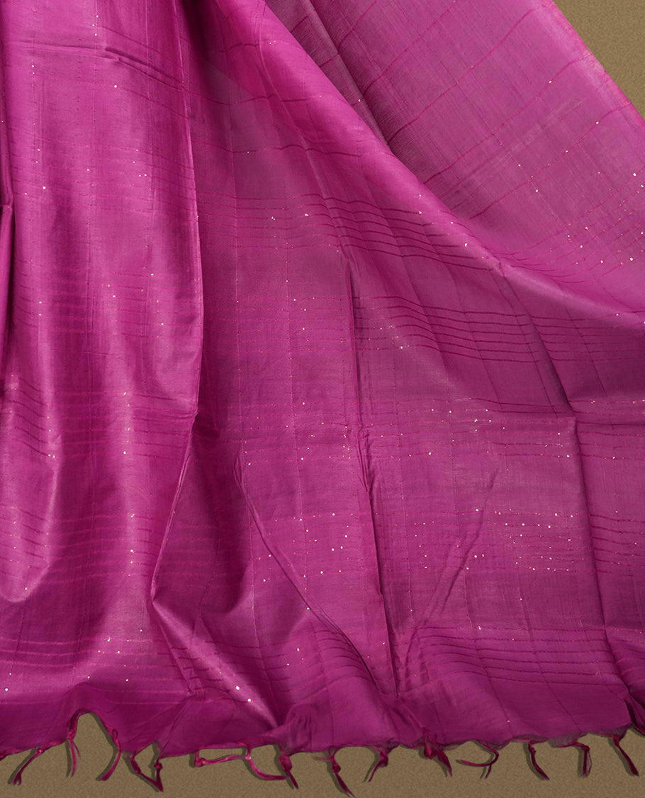 Dark Raspberry colour semi jute saree with vertical striped pattern sequins for a modern appeal , Soft texture, sleek border, tassel pallu, & Includes matching blouse piece for a complete look.