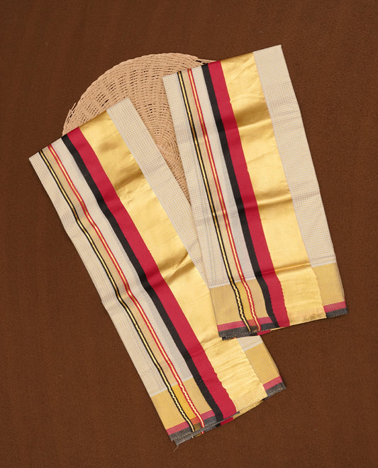 Off white colour cotton set mundu featuring gold zari check pattern across body highlights gold, black and maroon zari border (2.00/2.80 MTS).