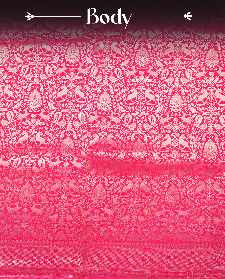 Rani Pink colour Mysore Crepe Silk saree fearturing gold Zari kodi visiri & Animal brocade pattern on body and self colour border paired with matching blouse