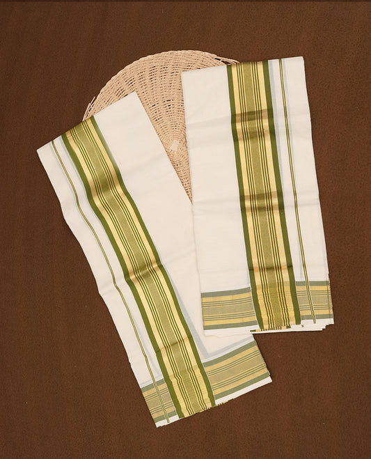 Off white colour cotton set mundu highlights gold and green zari border border (2.00/2.80 MTS).