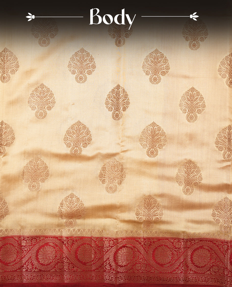 Cream beige Banaras soft silk saree with gold zari oval motifs on body, with contrast Red colour floral pattern on pallu, border, and Matching blouse.