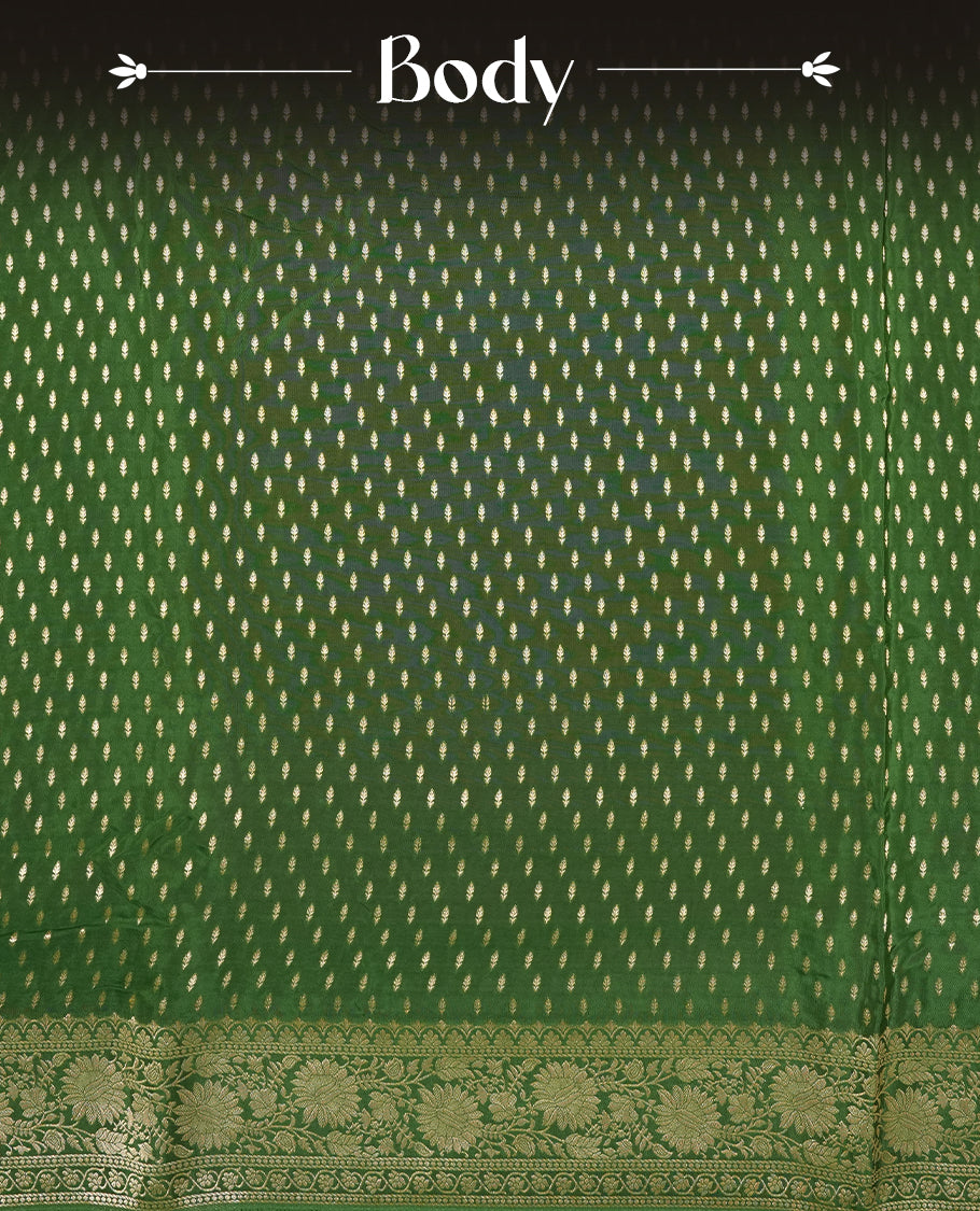 Green colour banaras satin crepe saree fearturing gold tiny leaf motifs on body, kodi visiri pattern on border & pallu and paired with matching blouse