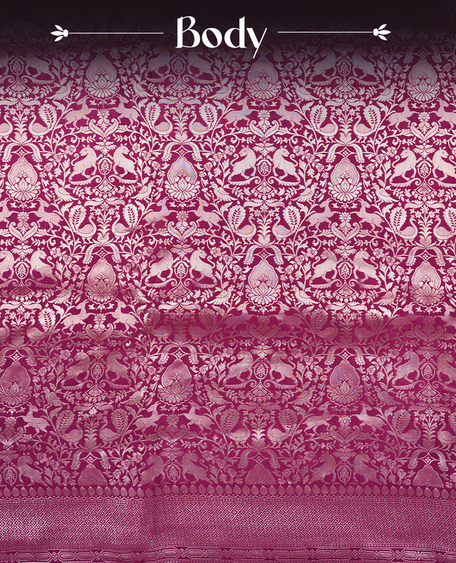 Dark Purple colour Mysore Crepe Silk saree fearturing gold Zari kodi visiri & Animal brocade pattern on body and self colour border paired with matching blouse