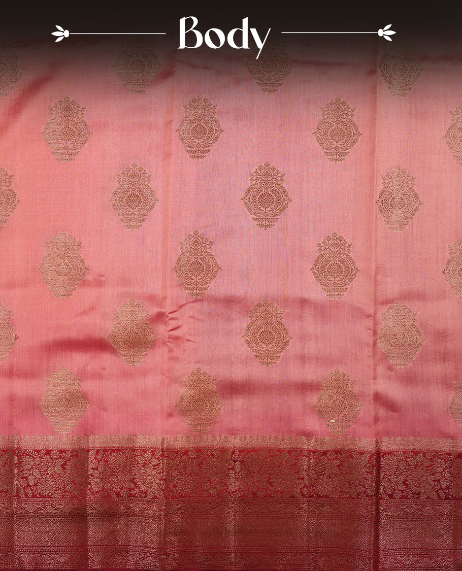 Pink peach Banaras soft silk saree with gold zari motifs on body, with contrast deep red colour floral pattern on pallu, border, and Matching blouse.