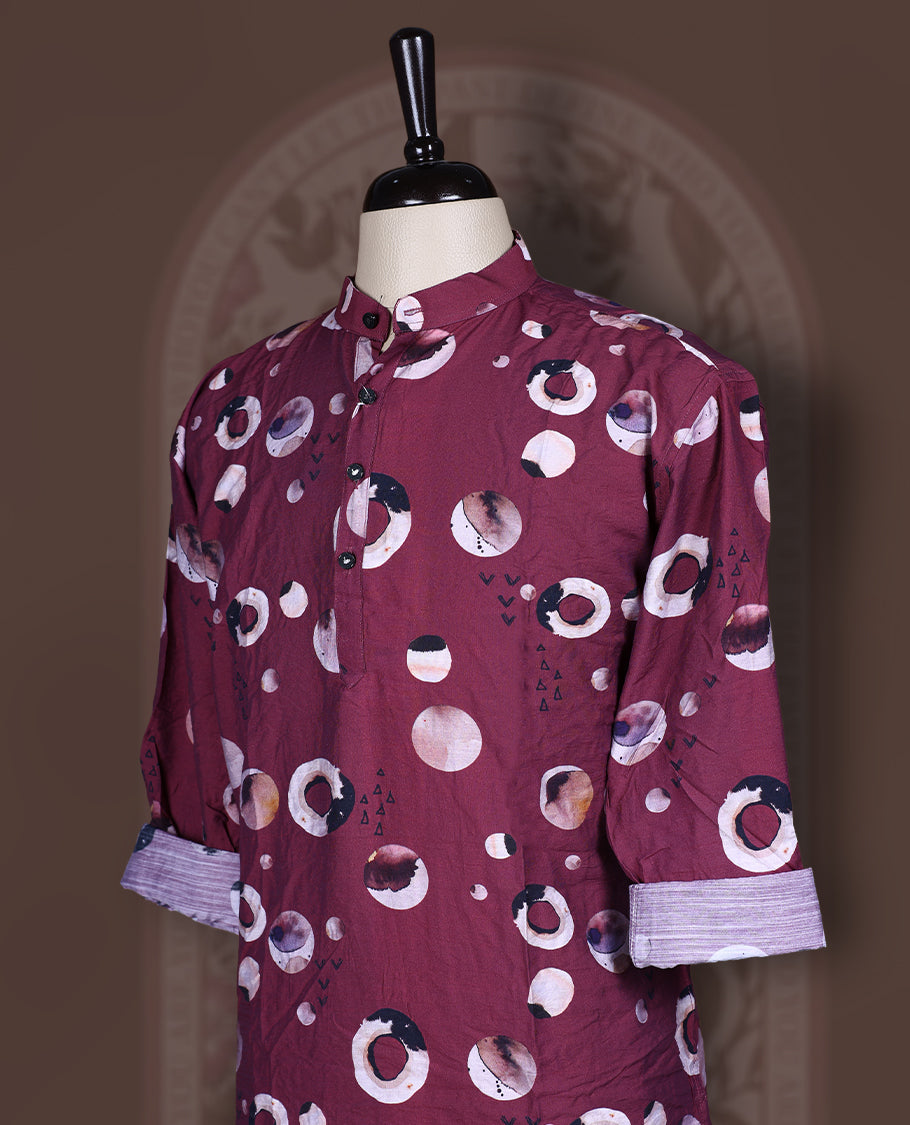 Dark onion colour short kurta in soft crush fabric featuring vibrant digital print and full sleeves, Lightweight and breathable, perfect for casual outings or adding a festive touch to your everyday look.