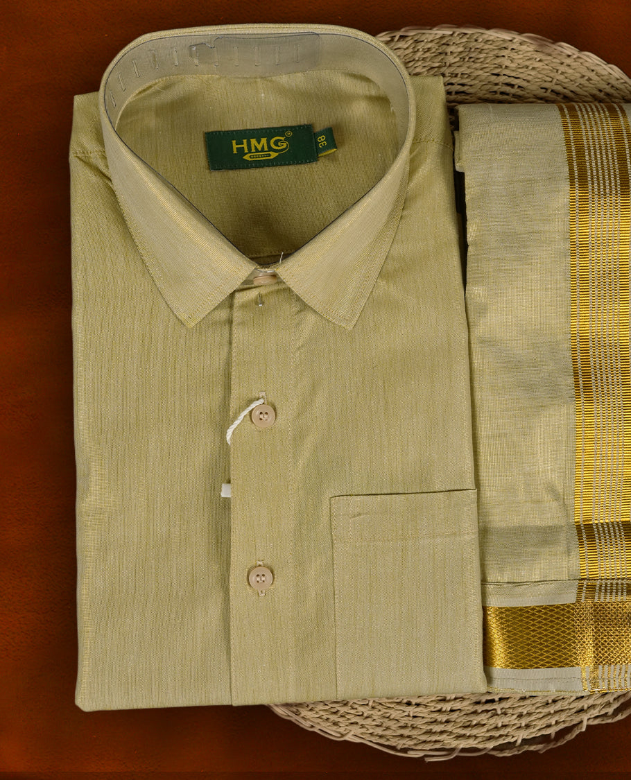 Dark gold colour shirt & dhoti set by HMG, crafted with elegant gold zari borders & Ideal for weddings, festive wear & gifting.
