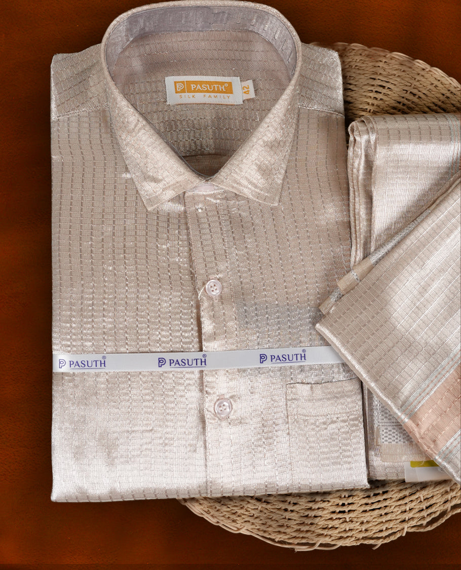 Elegant Silver Copper shirt & dhoti set by PASUTHI with subtle zari accents, Perfect for festive occasions, weddings & gifting. Includes towel, attar & vibhuti in a luxurious box.