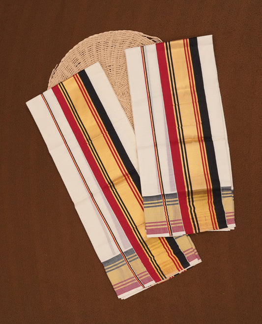 Off white colour cotton set mundu highlights gold, black and dark red colour zari border (2.00/2.80 MTS).