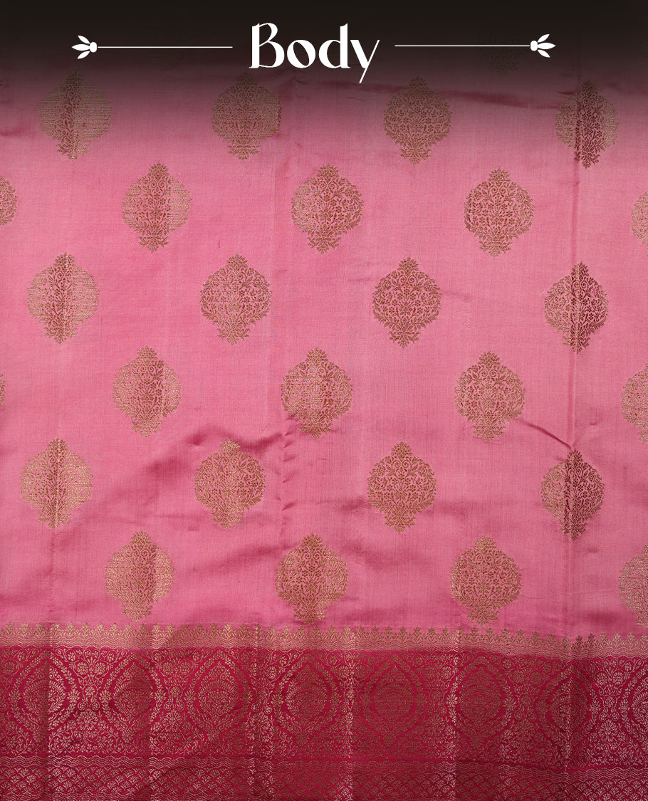 Pink Banaras soft silk saree with gold zari oval motifs on body, with contrast mangena colour floral pattern on pallu, border, and Matching blouse.