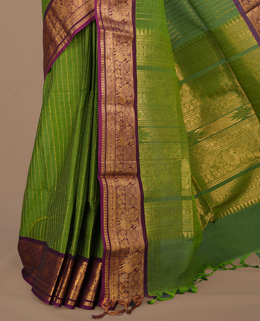 Lemon green colour chettinad cotton saree featuring gold zari stripes on body, complemented by contrast magenta colour with gold zari border, paired with matching blouse piece.