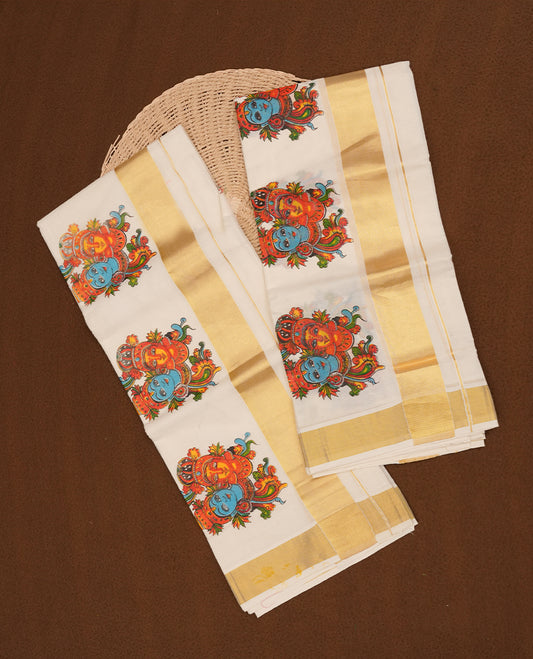 Off white colour cotton set mundu highlights gold  zari border featuring radha and krishna print across border (2.00/2.80 MTS).