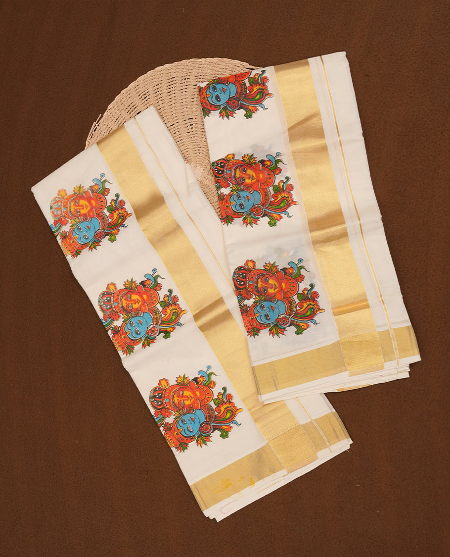 Off white colour cotton set mundu highlights gold  zari border featuring radha and krishna print across border (2.00/2.80 MTS).