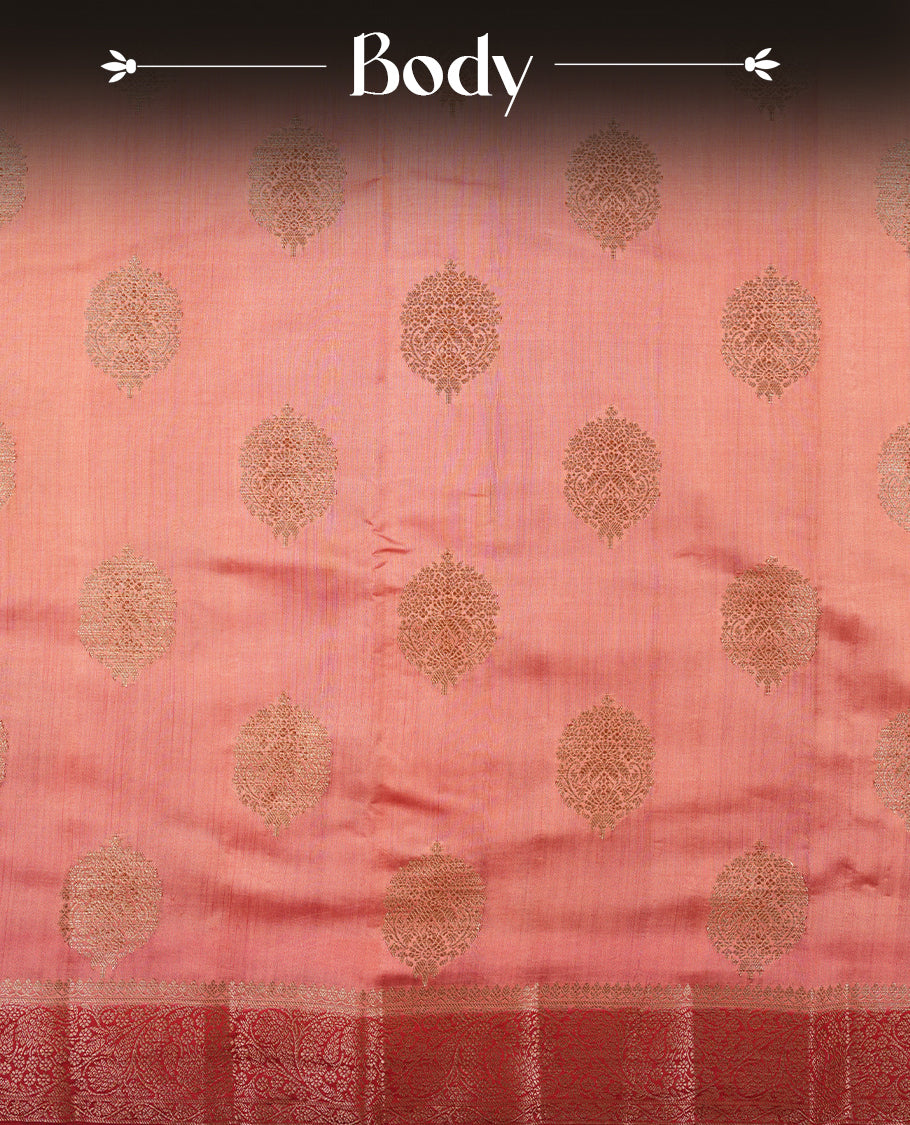Pink peach Banaras soft silk saree with gold zari oval motifs on body, with contrast Deep red colour floral pattern on pallu, border, and Matching blouse.