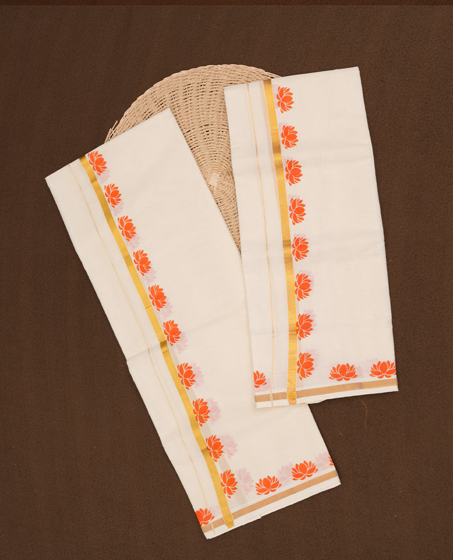 Off white colour cotton set mundu highlights gold zari border featuring orange colour lotus block print across border (2.00/2.80 MTS).
