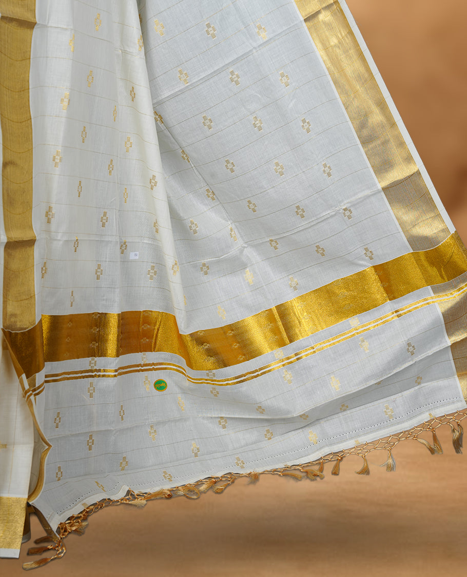 Off white colour cotton Kerala saree featuring a stripes and small buttas on body, a refined kasavu border, paired with a matching blouse.