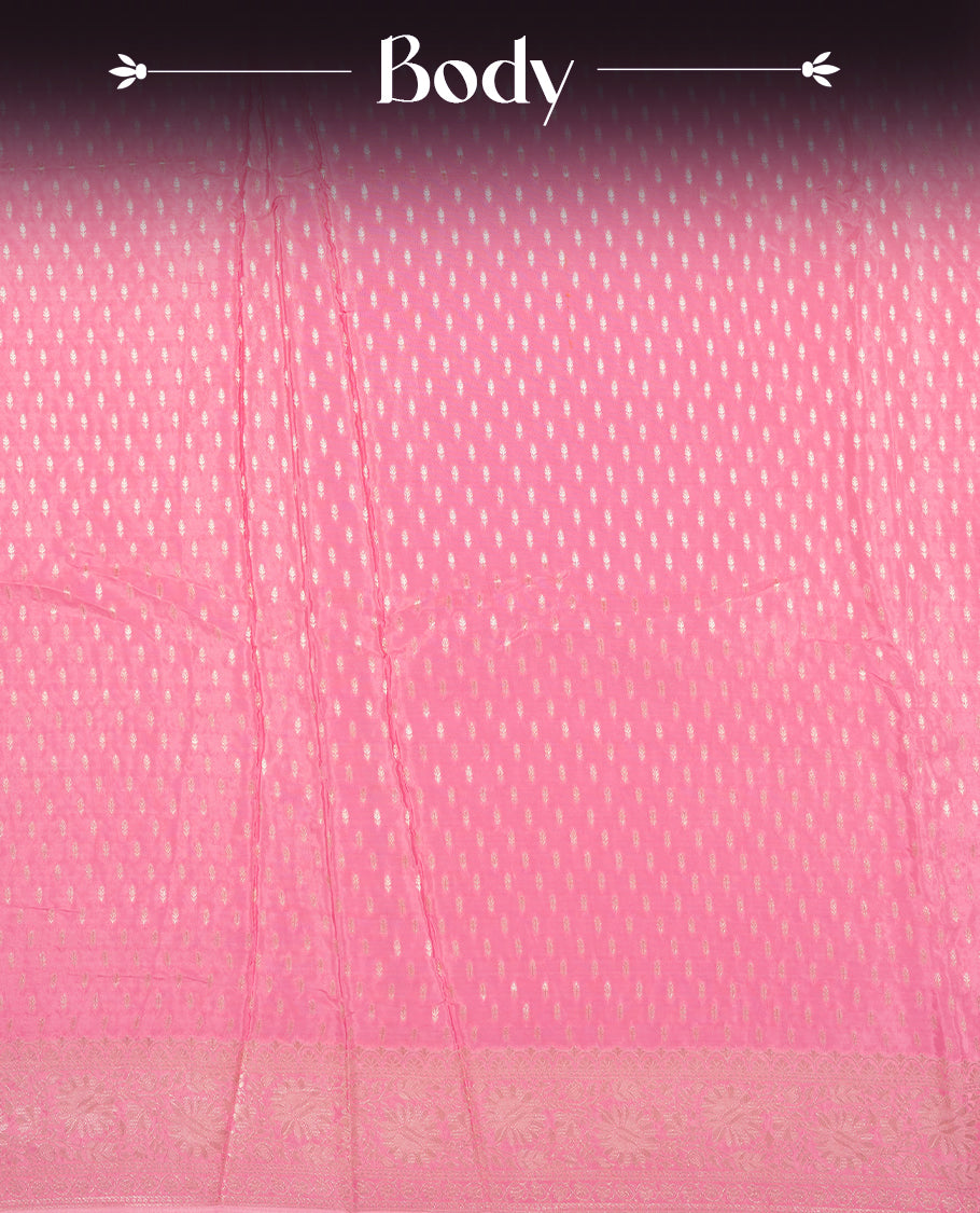 Pink colour banaras satin crepe saree fearturing gold tiny leaf motifs on body, kodi visiri pattern on border & pallu and paired with matching blouse