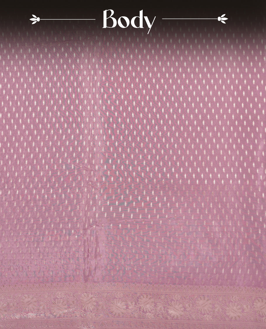 Lavender colour banaras satin crepe saree fearturing gold tiny leaf motifs on body, kodi visiri pattern on border & pallu and paired with matching blouse