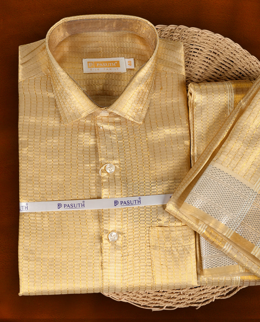 Elegant Gold  shirt & dhoti set by PASUTHI with rich zari weave and elegant shin, Ideal for weddings, functions & festive gifting & Includes towel, vibhuti & attar in a premium gift box.