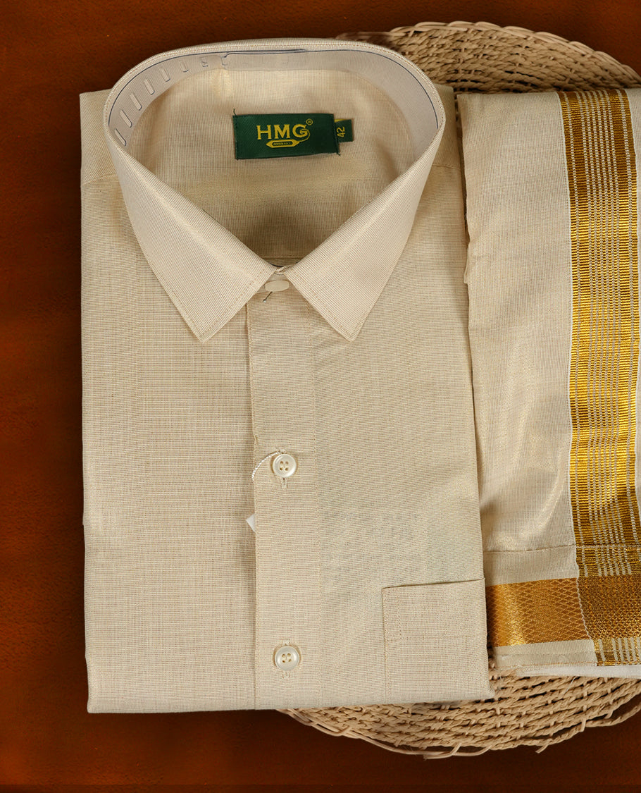 Gold colour shirt & dhoti set by HMG with rich zari border detailing, A timeless choice for weddings, poojas & traditional gifting.