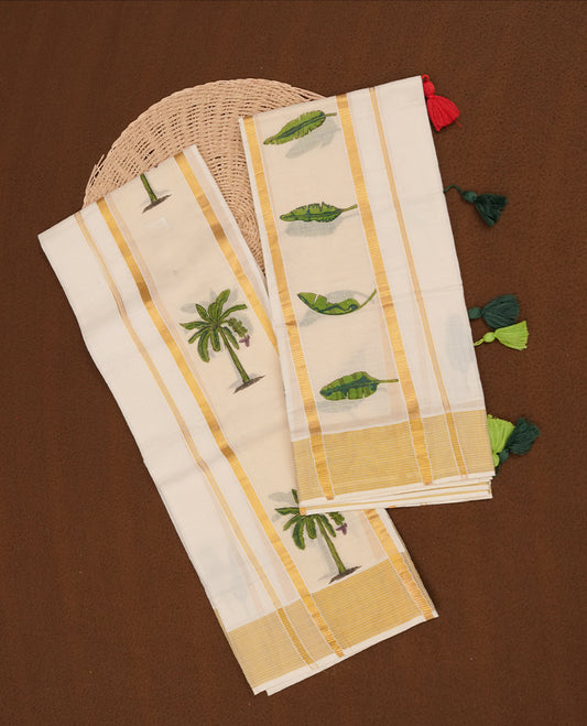 Cream colour cotton set mundu Highlights Gold zari border featuring banana tree and leaf print across border (2.00/2.80 MTS).