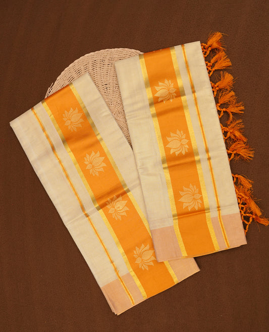 Light gold colour tissue set mundu highlights gold and orange zari border featuring gold lotus motifs across border (2.00/2.80 MTS).
