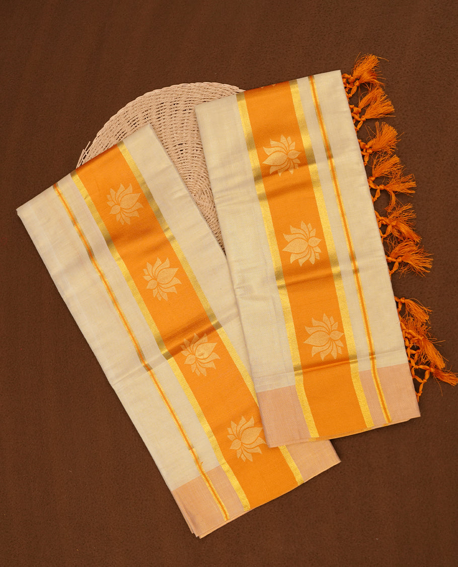 Light gold colour tissue set mundu highlights gold and orange zari border featuring gold lotus motifs across border (2.00/2.80 MTS).