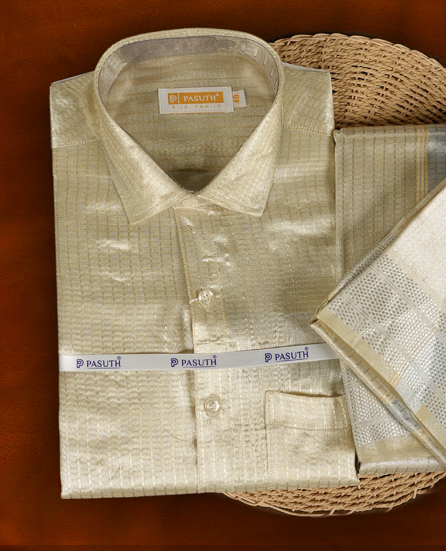 Elegant Silver Gold shirt & dhoti set by PASUTHI, crafted with rich silk blend fabric and zari detailing, Perfect for weddings, poojas & gifting. Comes with towel, attar & vibhuti in a premium gift box.