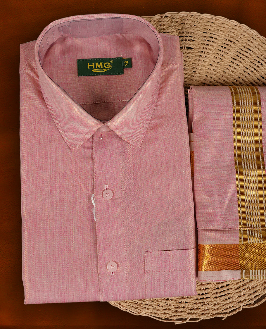 Elegant pastel pink shirt & dhoti set by HMG, adorned with rich gold zari borders & Perfect for weddings, festive occasions & gifting.