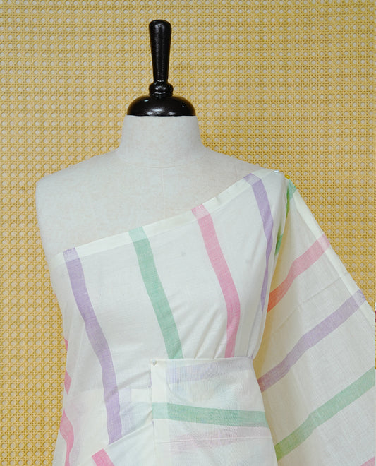 Cream Colour Cotton Kerala Saree Featuring Pink, Green and Lavender Stripes Across the Body, Complemented by a Matching Striped Pallu, Multicolour Tassels, and a Matching Blouse Piece.