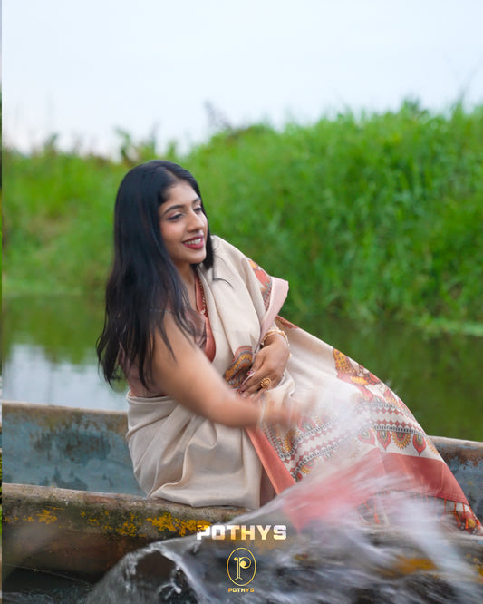 Golden Cream colour Tissue Saree featuring Kathakali printed with contrast Bronze border, Comes with Contrast Self Printed Blouse.
