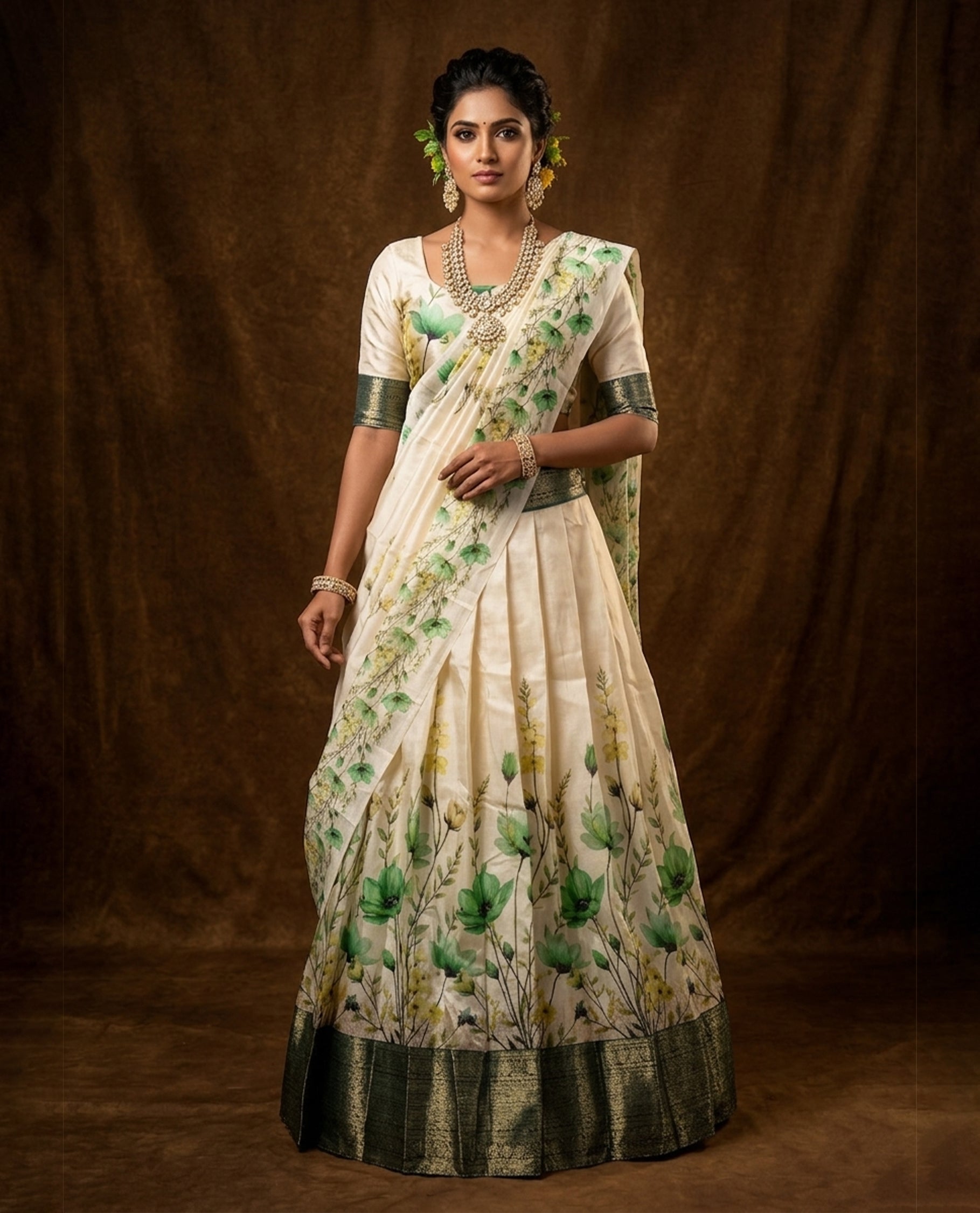 Off white colour semi stitched half saree featuring elegant Green colour floral prints, paired with a contrast green with traditonal zari border and matching printed dupatta ,paired with matching blouse piece.