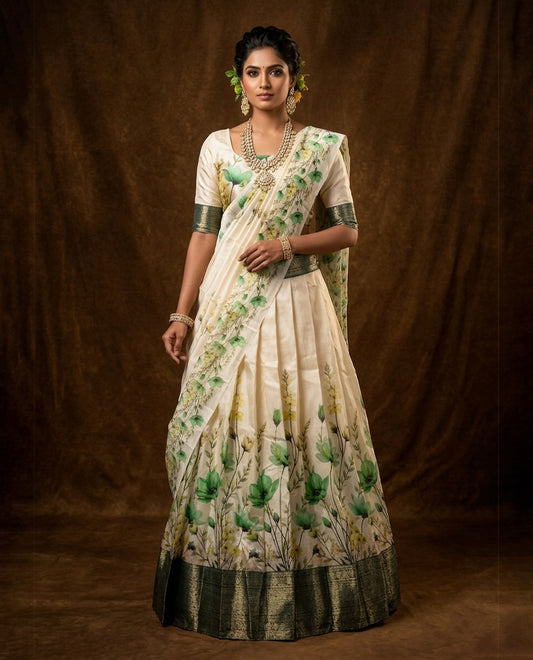 Off white colour semi stitched half saree featuring elegant Green colour floral prints, paired with a contrast green with traditonal zari border and matching printed dupatta ,paired with matching blouse piece.