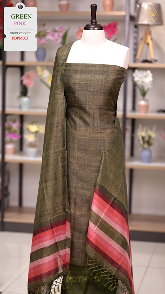 Army green colour semi tussar silk salwar material featuring elegant horizontal stripes on the yoke and dupatta, woven in shades of maroon and peach & Paired with a matching plain bottom.