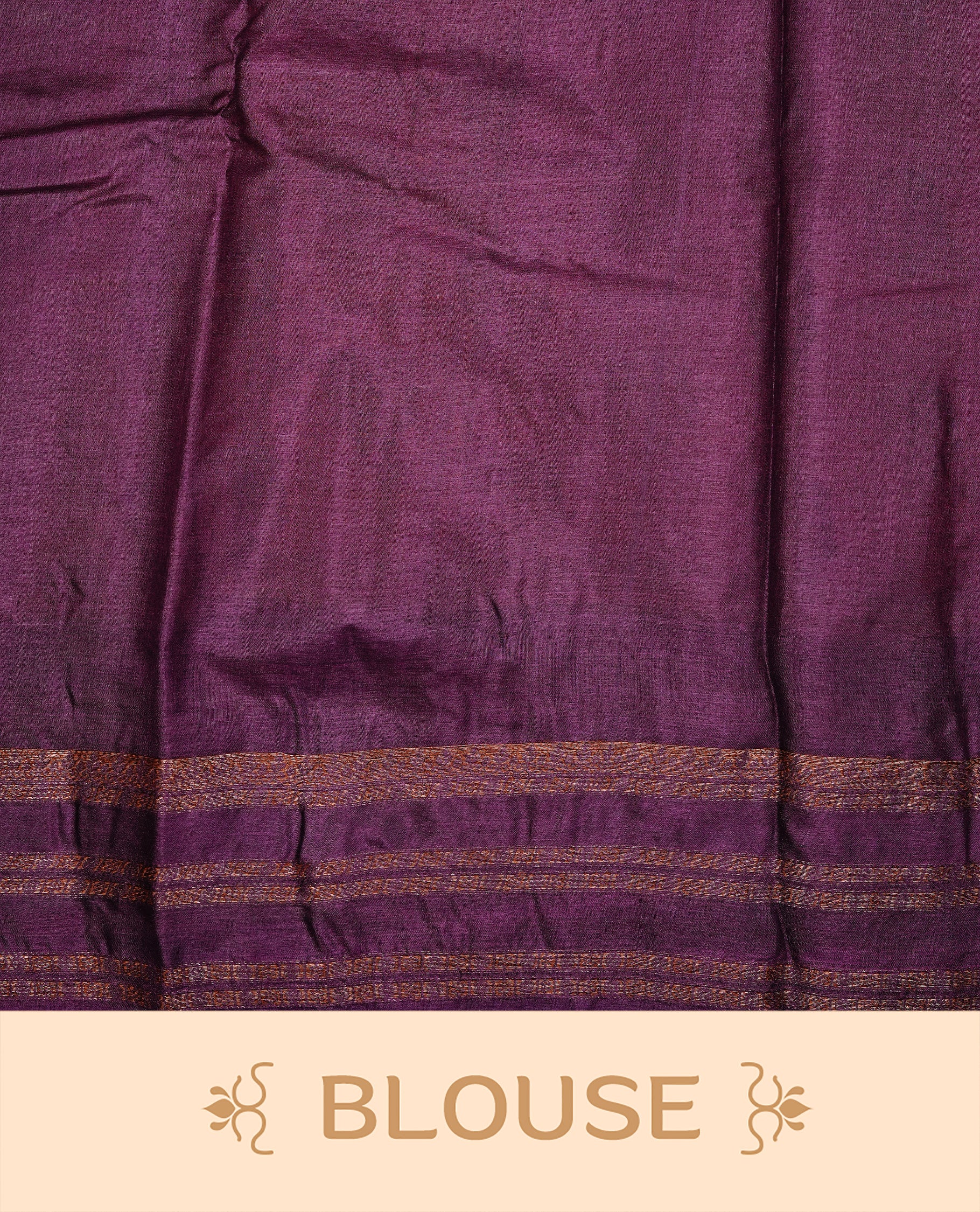Rust orange colour pure tussar Banaras silk saree featuring elegant gold zari motifs across the body, complemented by a contrast Purple border with rich zari detailing. Comes with a matching blouse piece