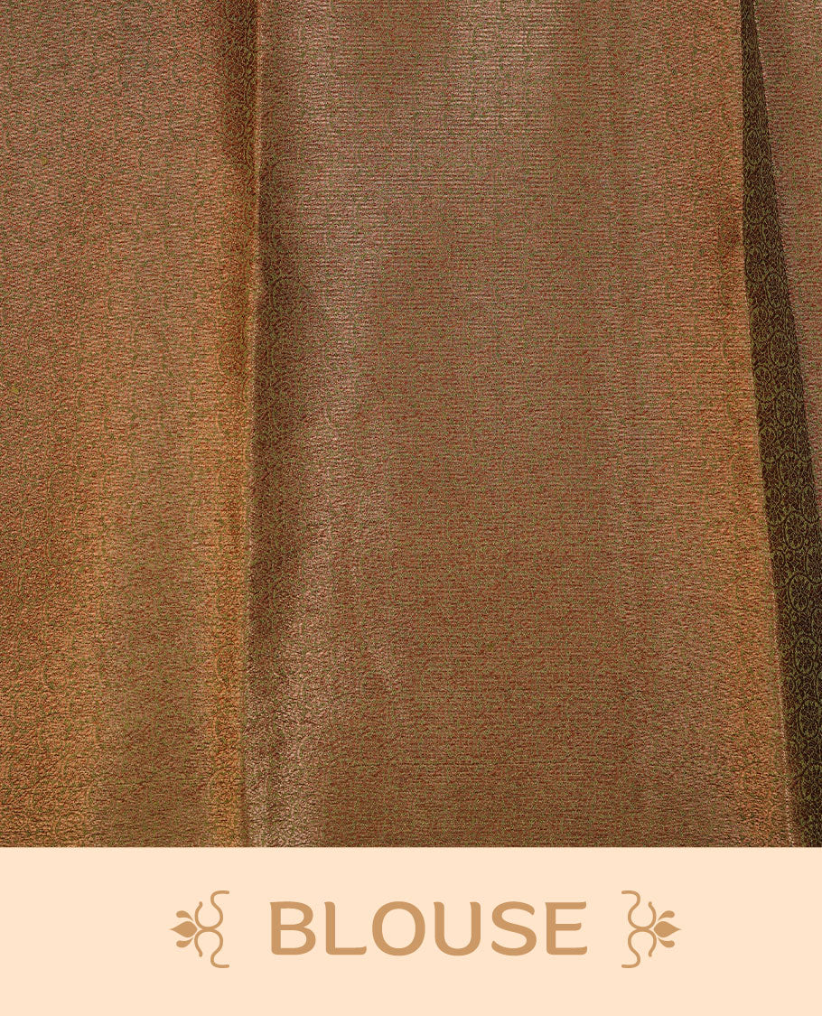 Olive colour semi banaras tussar silk saree highlighting gold zari bird motifs on body, complemented by self colour with antique zari border, paired with matching blouse piece.
