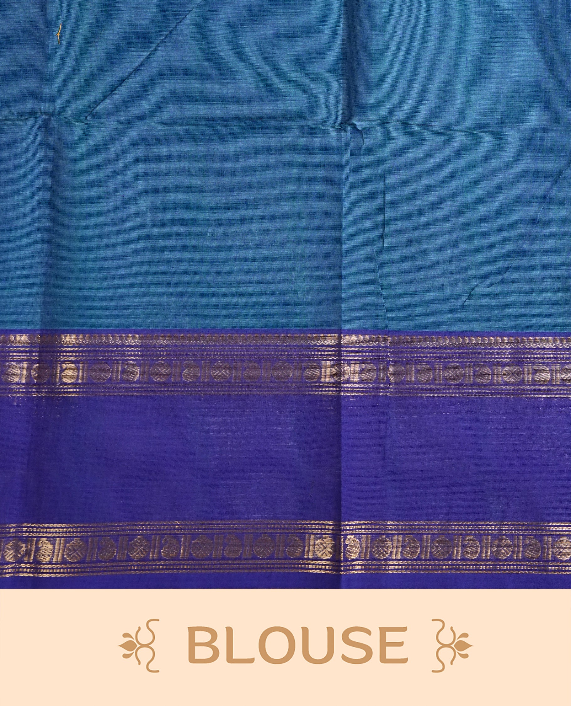 Teal colour chettinad cotton saree Featuring Gold zari Check Pattern on body, complemented by contrast Blue colour with zari border, comes with matching blouse piece.