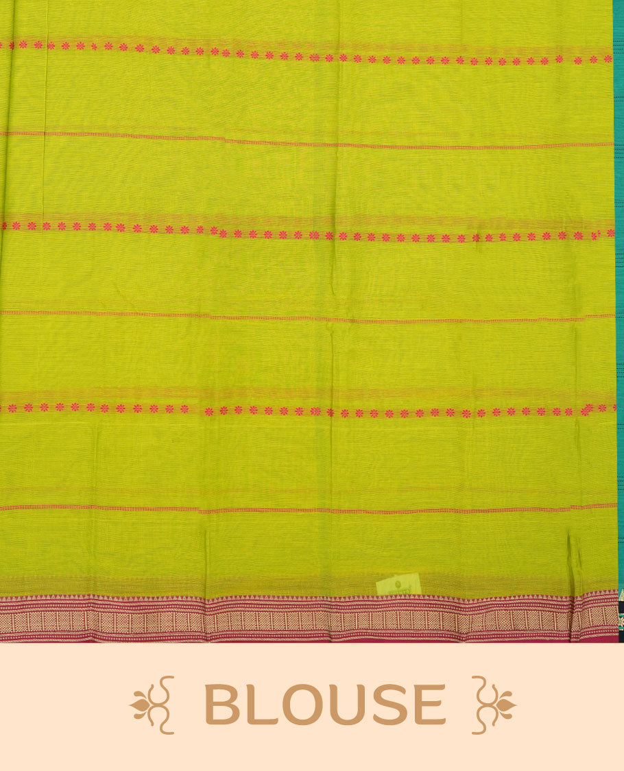 Lemon colour Narayanapattu cotton saree featuring a Rani pink colour stripped body, contrast rani pink colour with silver zari border and pallu, pairing a matching blouse piece.